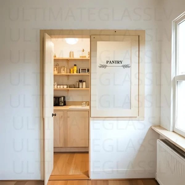 Rustic pantry decal featuring bread and wheat illustration on a frosted glass kitchen door.