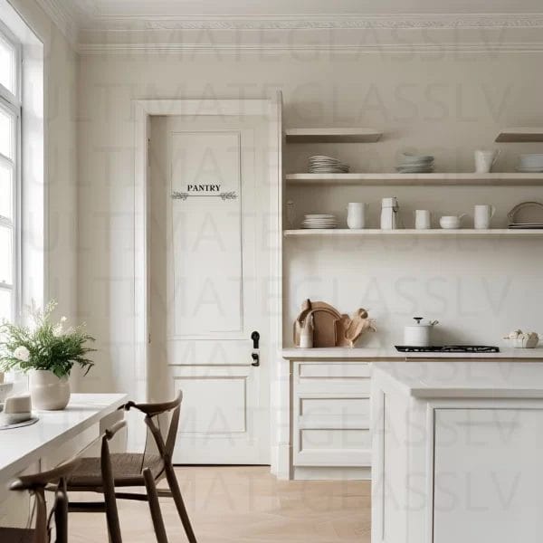 Rustic pantry decal featuring bread and wheat illustration on a frosted glass kitchen door.