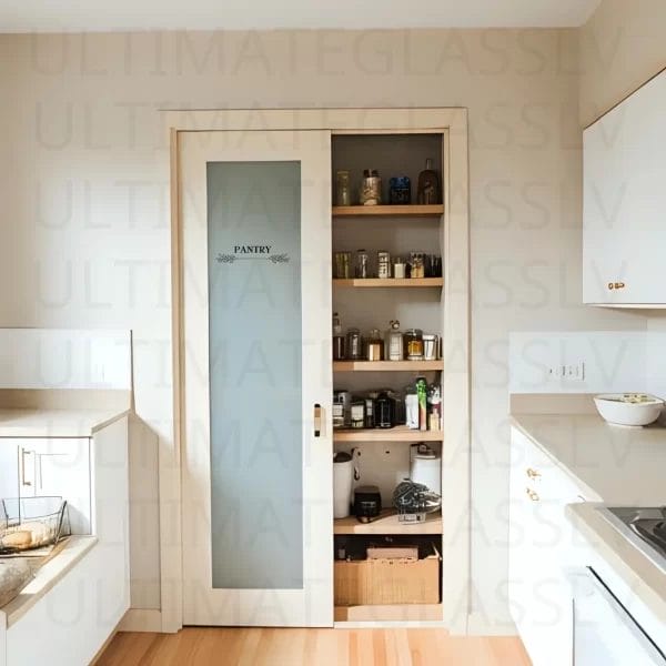 Rustic pantry decal featuring bread and wheat illustration on a frosted glass kitchen door.