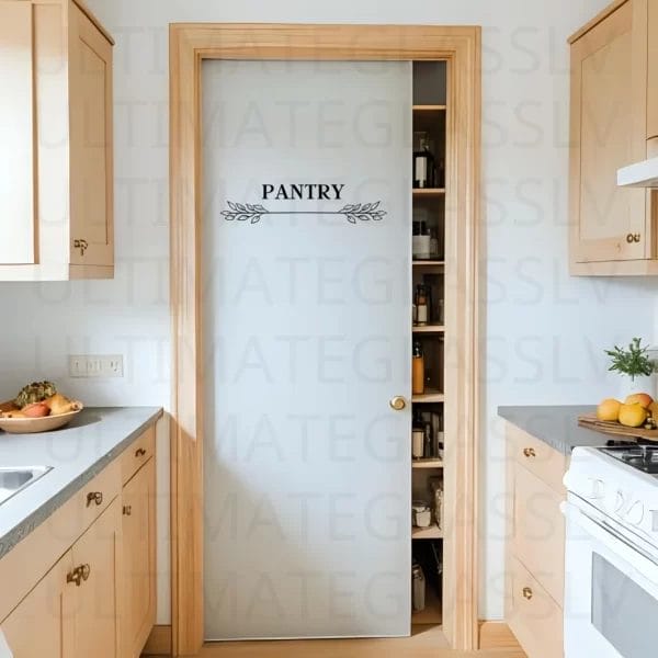 Rustic pantry decal featuring bread and wheat illustration on a frosted glass kitchen door.