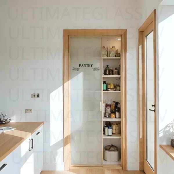 Rustic pantry decal featuring bread and wheat illustration on a frosted glass kitchen door.