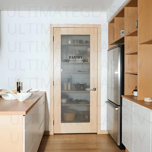 Rustic pantry decal featuring bread and wheat illustration on a frosted glass kitchen door.