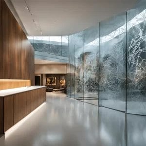 a glass wall with a counter and a large window