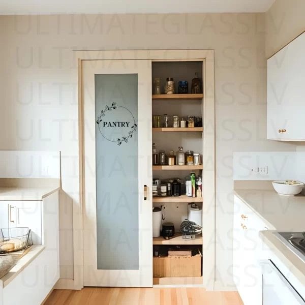 Pantry door with etched glass circle laurel design in modern kitchen.