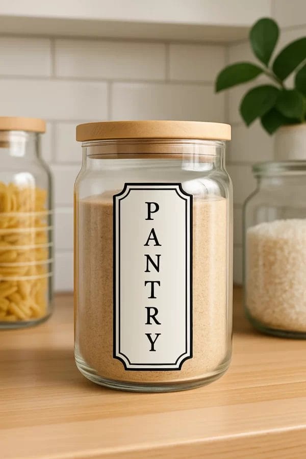 Clear glass jar labeled "PANTRY" using a bold vinyl sticker, placed on a wooden kitchen shelf alongside other storage containers.